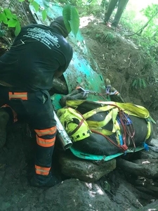 Volunteer assisting a horse in a ravine